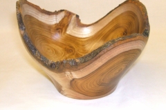 A laburnum natural edged bowl made from the crux of a tree (the junction where 2 branches come off the main stem).